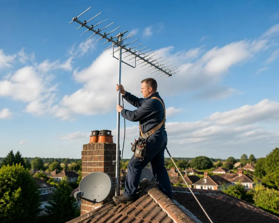 Epsom Aerials engineer installing a TV aerial on a Surrey rooftop