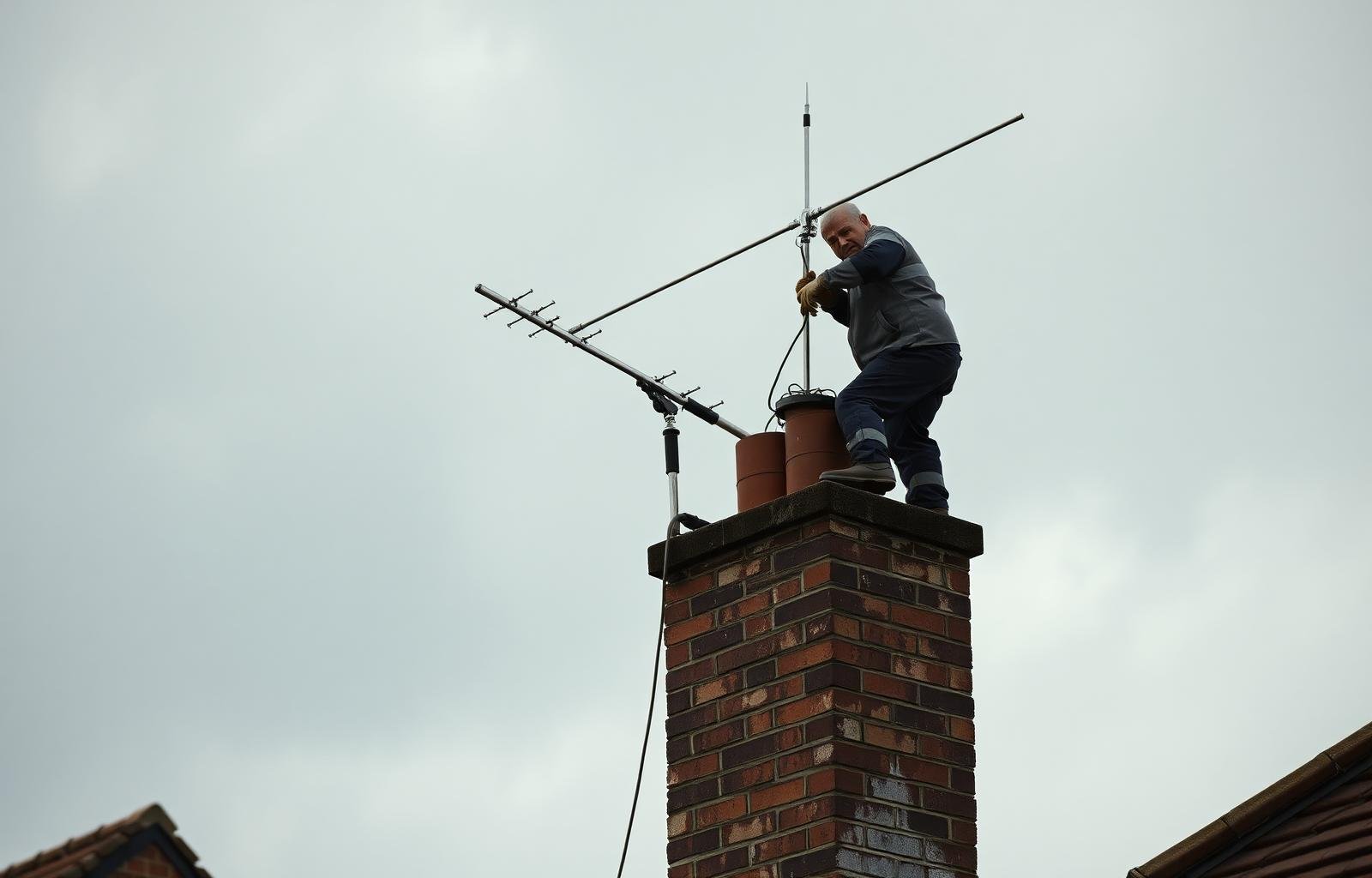 Engineer on a Surrey chimney repairing a storm-damaged TV aerial