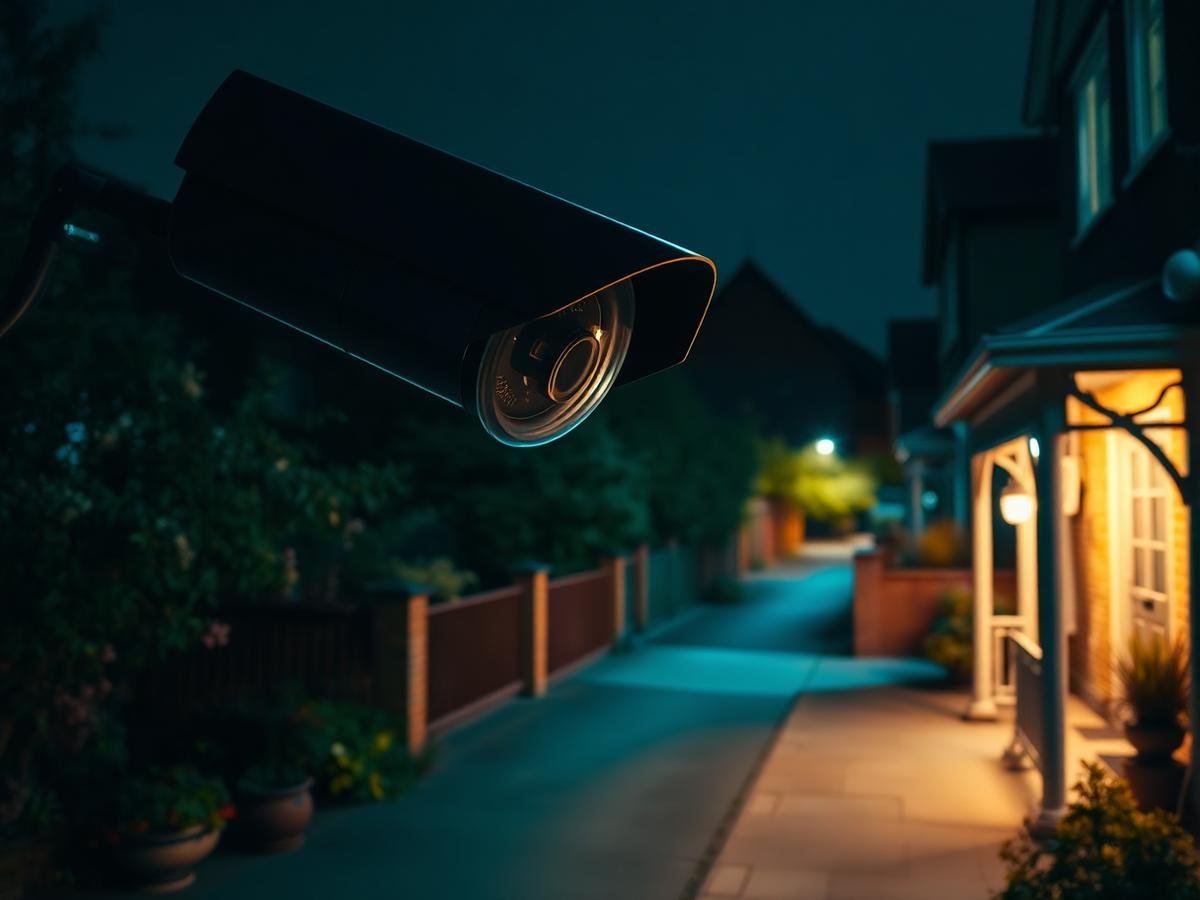 Night vision CCTV camera covering a street in Guildford