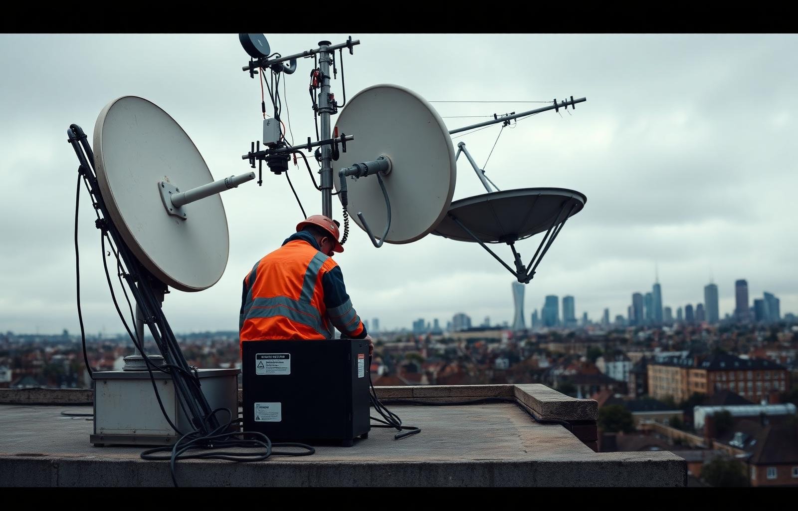 Engineer on the rooftop of a South London apartment block working on a communal aerial system