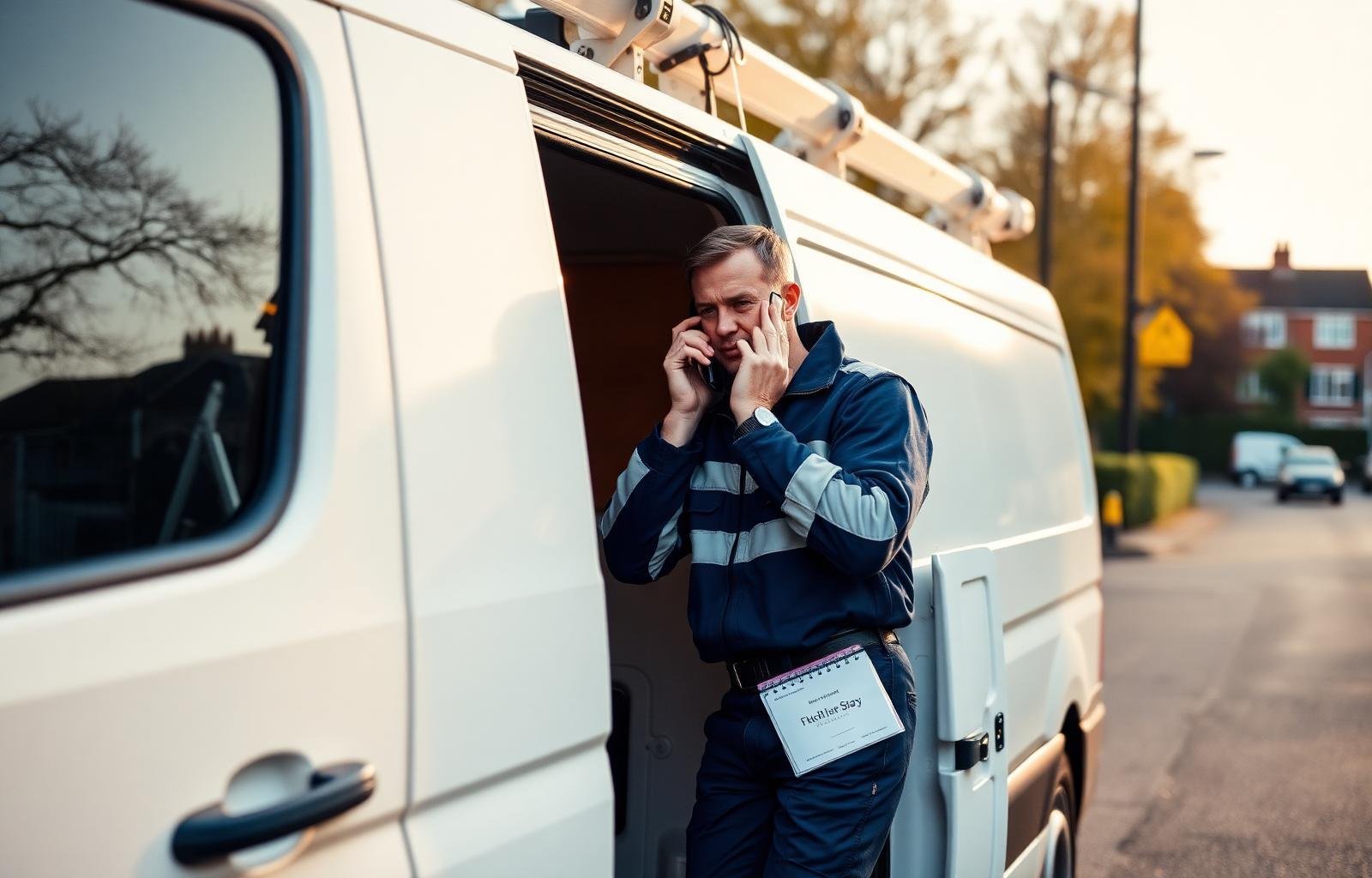 Epsom Aerials engineer on the phone next to a branded work van in Surrey