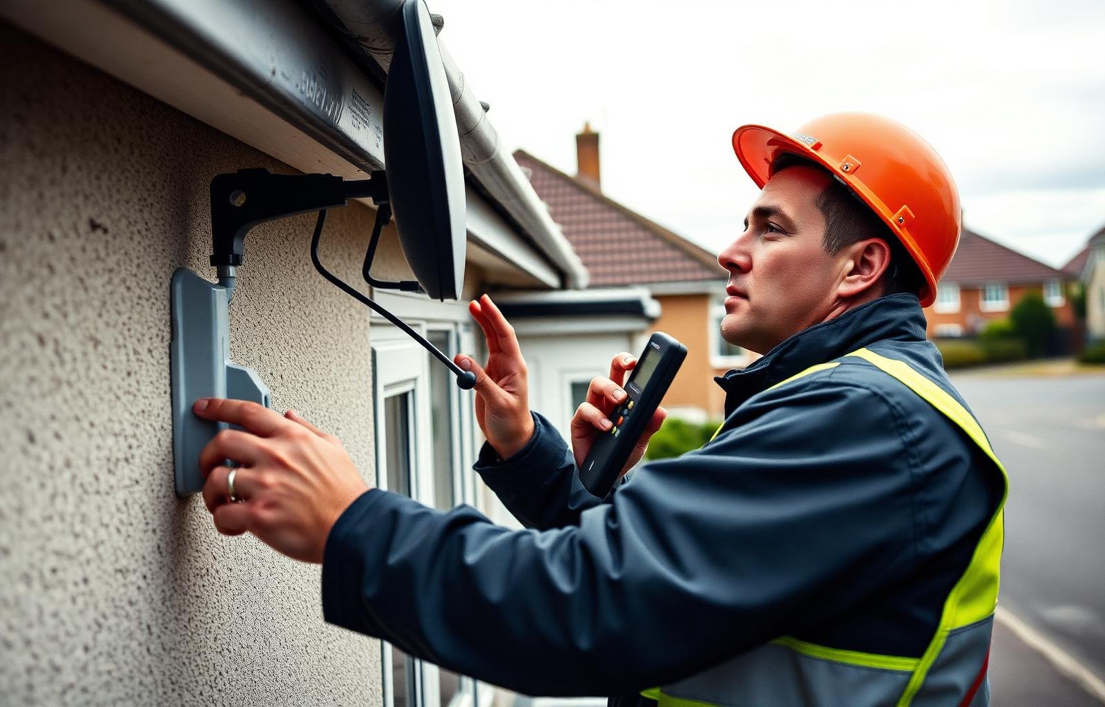 Engineer aligning a satellite dish on the side wall of a Surrey home