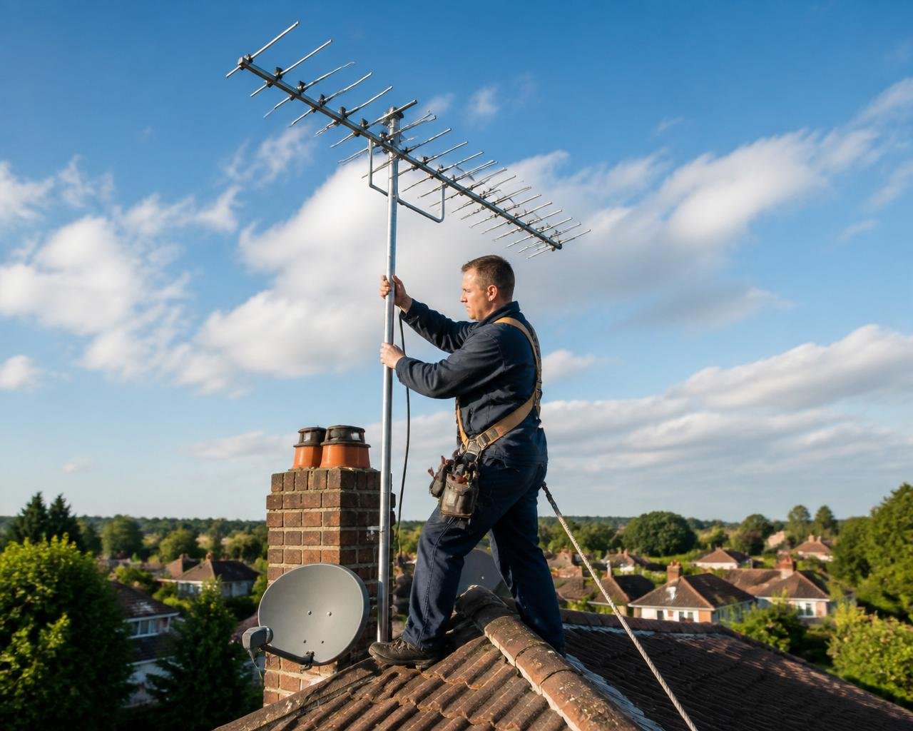 Epsom Aerials engineer installing a TV aerial on a Surrey rooftop
